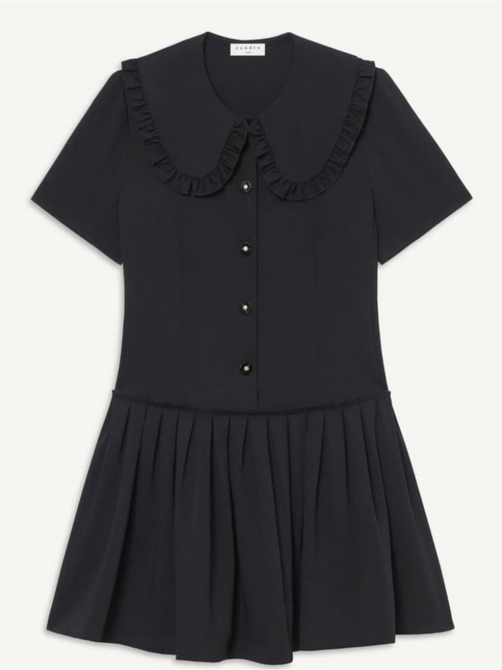 Sandro Black Ruffle-Collar Short Sleeve Mini Dress